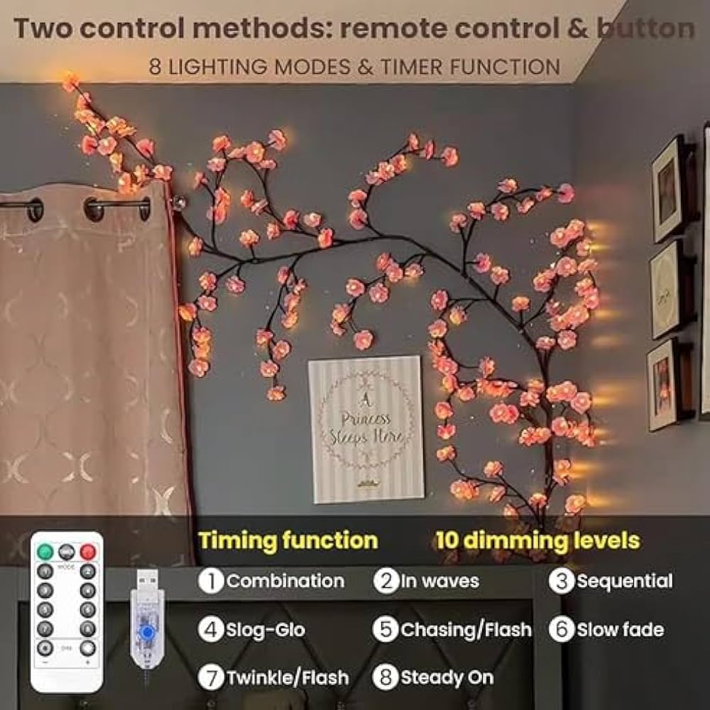 Cherry Blossom LED Vine Light – Enchanted Wall Décor with Remo